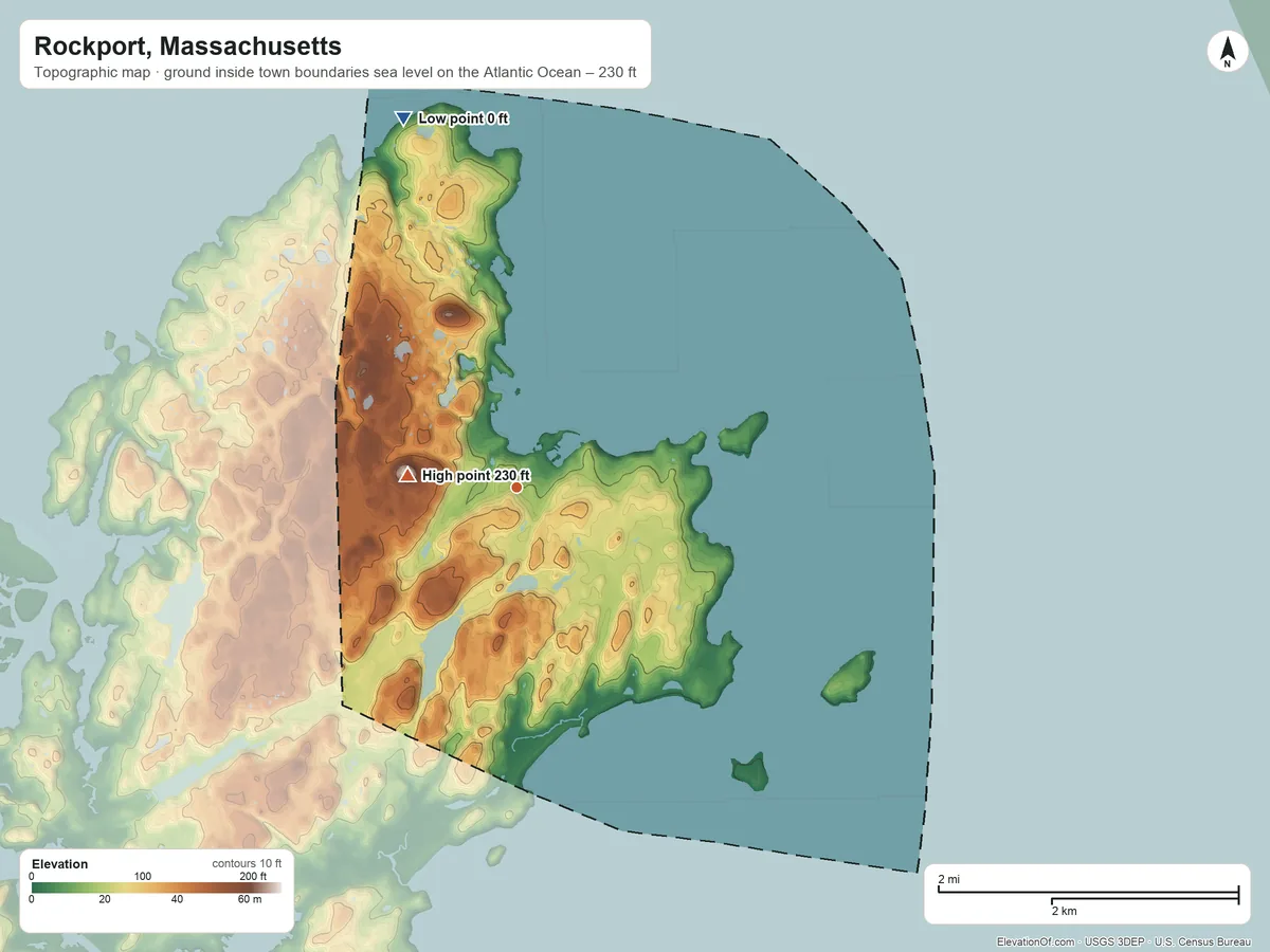 Topographic elevation map of Rockport, Massachusetts, shaded from sea level level on the Atlantic Ocean to 230 ft on Pool Hill