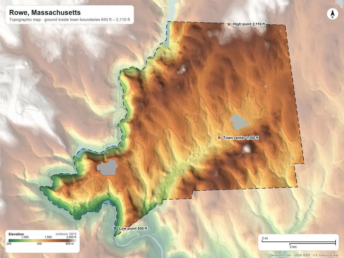 Topographic elevation map of Rowe, Massachusetts, shaded from 650 ft on the southwest side to 2,110 ft on the north side