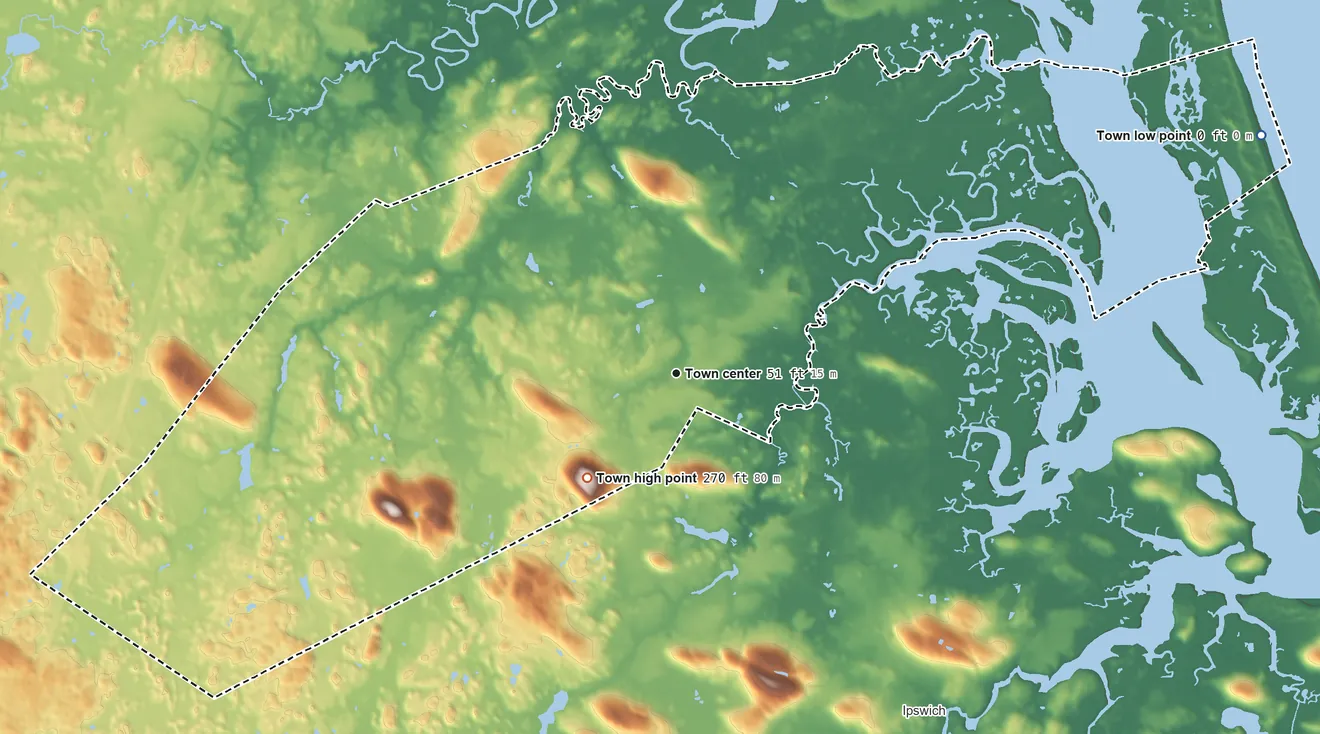 Topographic elevation map of Rowley, Massachusetts, shaded from sea level level on the Atlantic Ocean to 270 ft on Prospect Hill