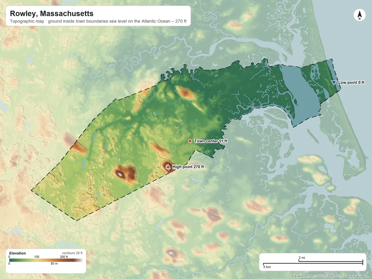 Topographic elevation map of Rowley, Massachusetts, shaded from sea level level on the Atlantic Ocean to 270 ft on Prospect Hill