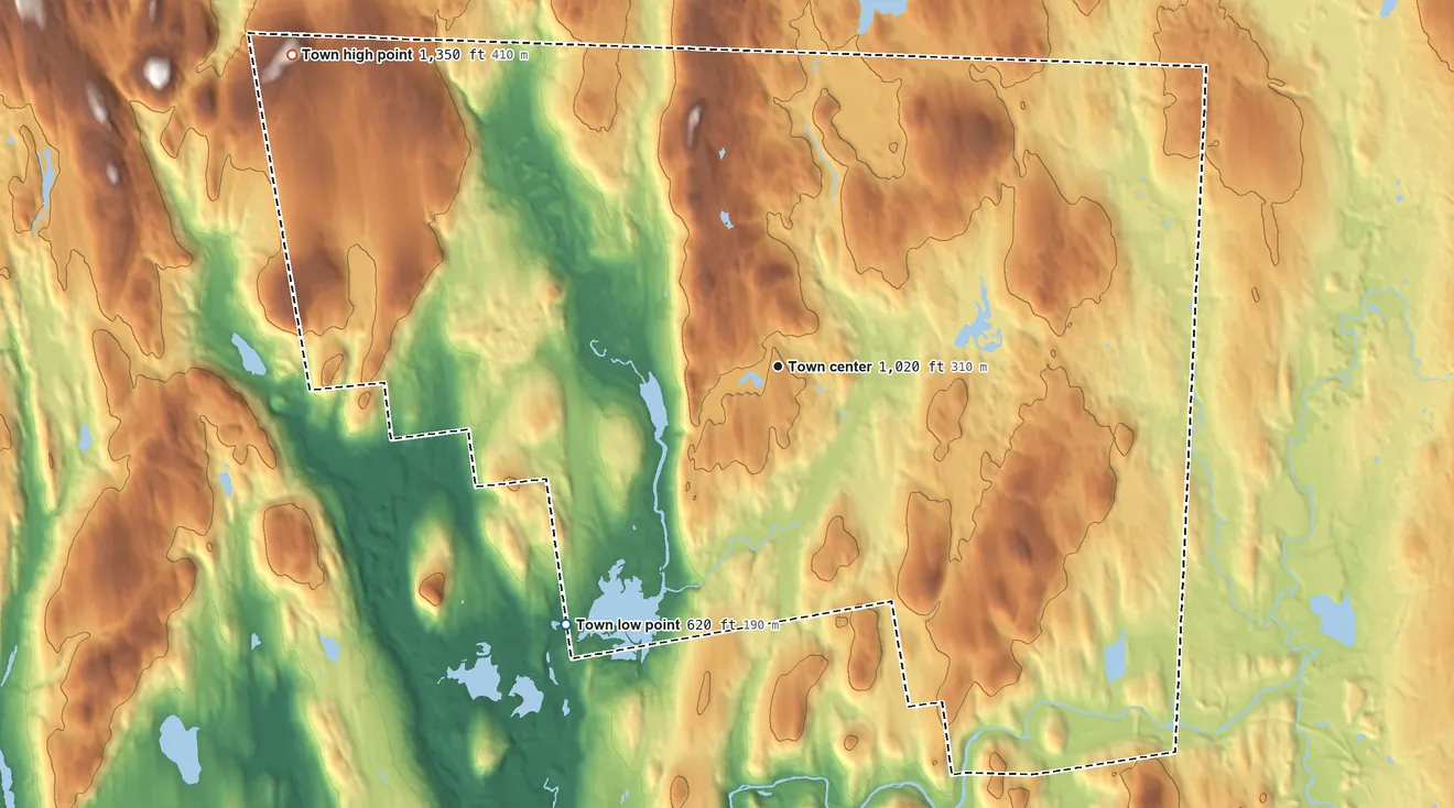 Topographic elevation map of Royalston, Massachusetts, shaded from 620 ft on the southwest side to 1,350 ft on White Hill