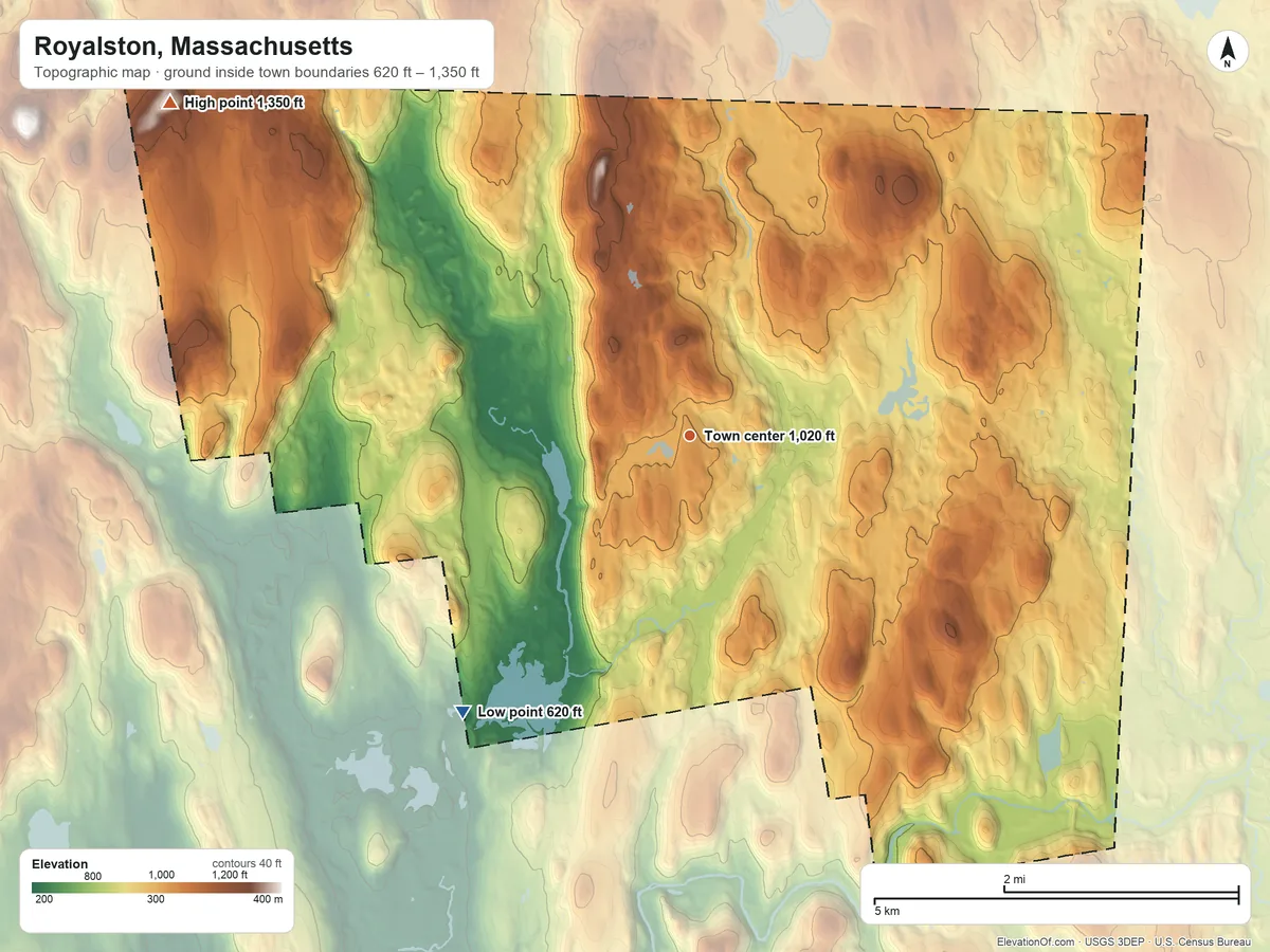 Topographic elevation map of Royalston, Massachusetts, shaded from 620 ft on the southwest side to 1,350 ft on White Hill