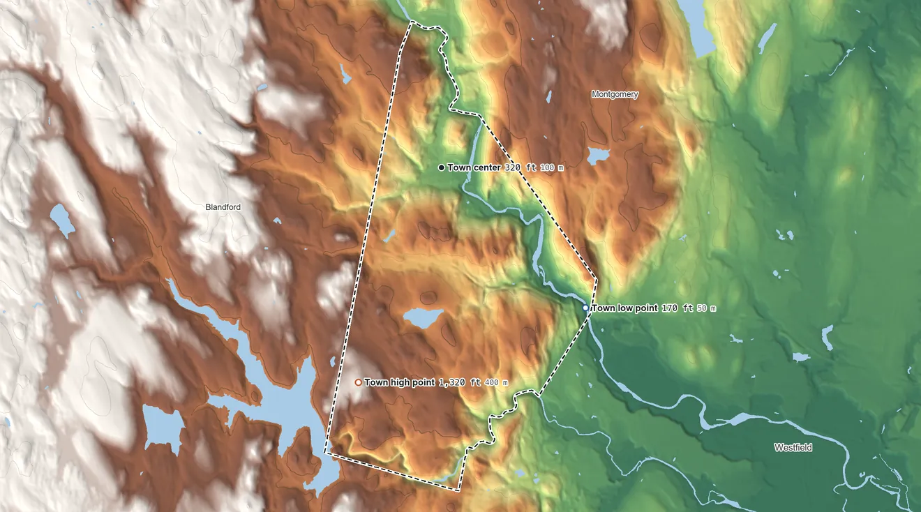 Topographic elevation map of Russell, Massachusetts, shaded from 170 ft on the southeast side to 1,320 ft on the south side