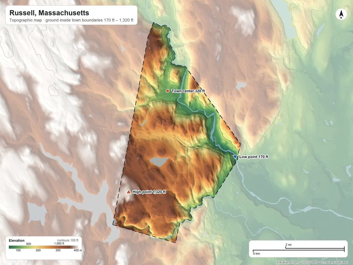Topographic elevation map of Russell, Massachusetts, shaded from 170 ft on the southeast side to 1,320 ft on the south side