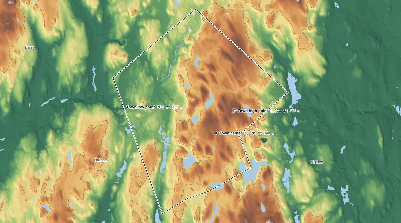 Topographic elevation map of Rutland, Massachusetts, shaded from 760 ft on the west side to 1,270 ft on Rice Hill