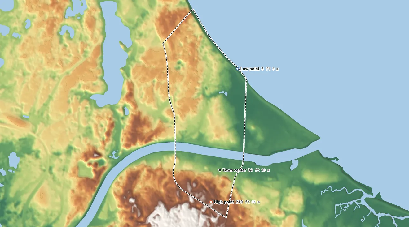 Topographic elevation map of Sagamore, Massachusetts, shaded from sea level level on Cape Cod Bay to 210 ft on the south side
