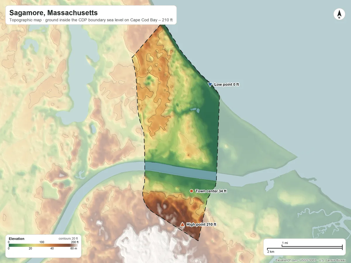 Topographic elevation map of Sagamore, Massachusetts, shaded from sea level level on Cape Cod Bay to 210 ft on the south side