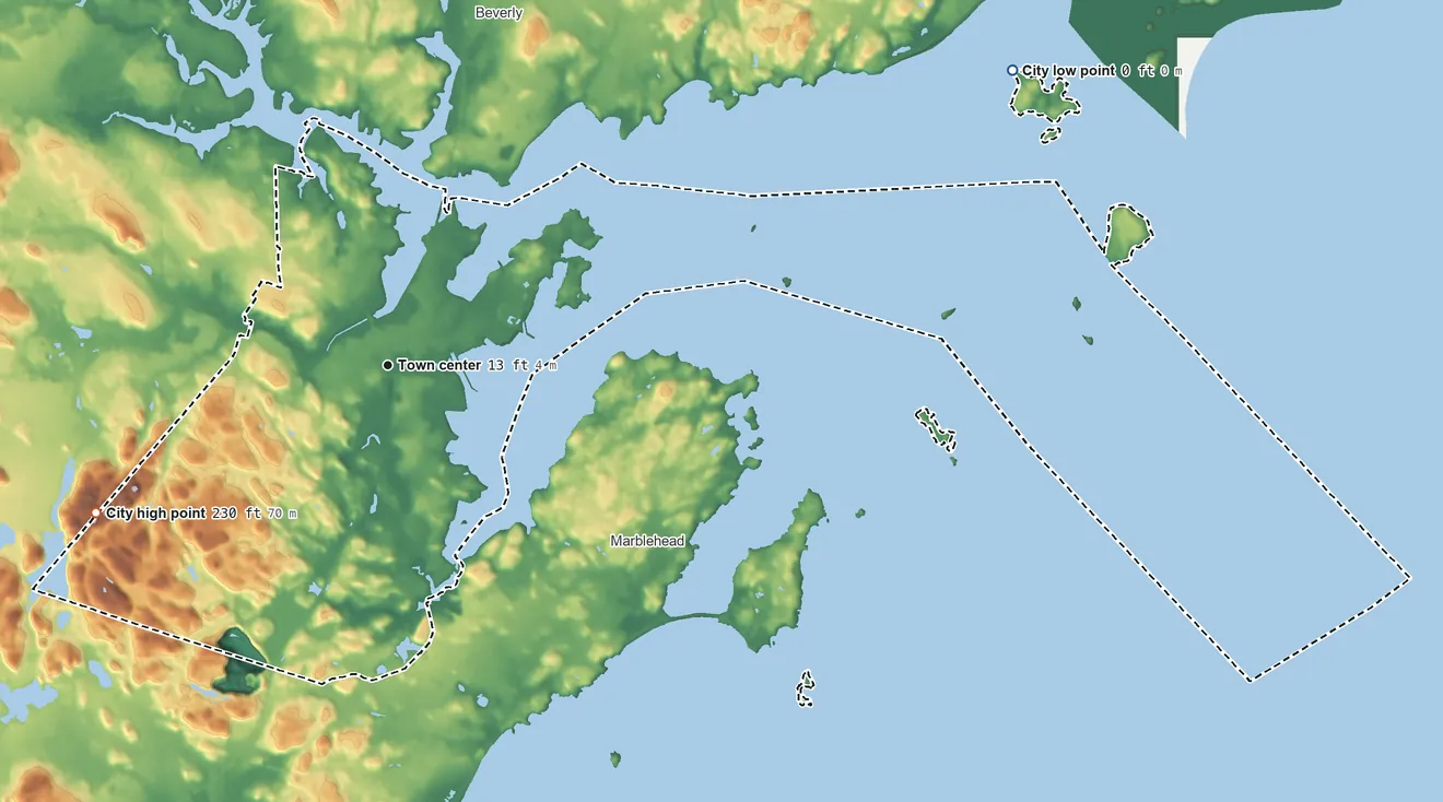 Topographic elevation map of Salem, Massachusetts, shaded from sea level level on Beverly Harbor to 230 ft on the southwest side