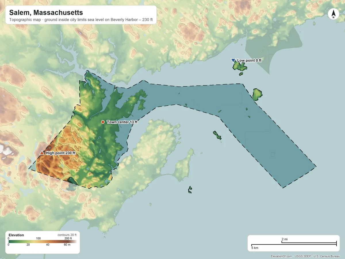 Topographic elevation map of Salem, Massachusetts, shaded from sea level level on Beverly Harbor to 230 ft on the southwest side