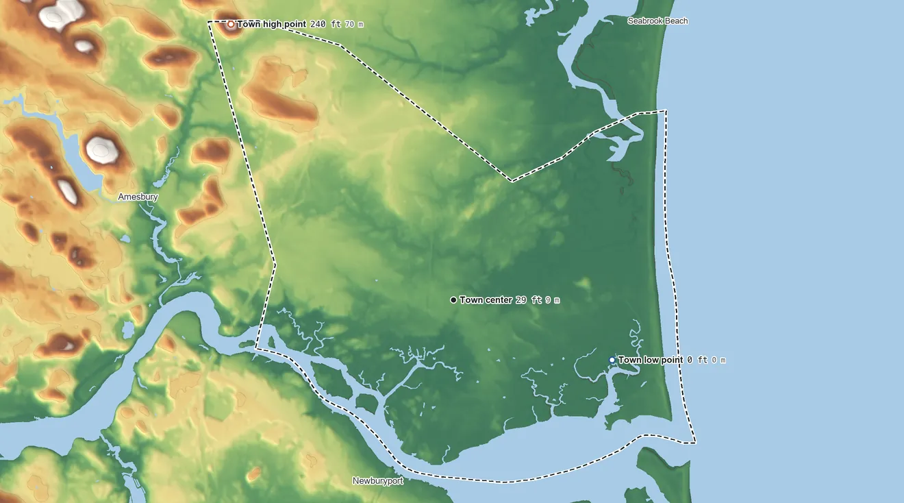 Topographic elevation map of Salisbury, Massachusetts, shaded from sea level level on the Atlantic Ocean to 240 ft on Grape Hill