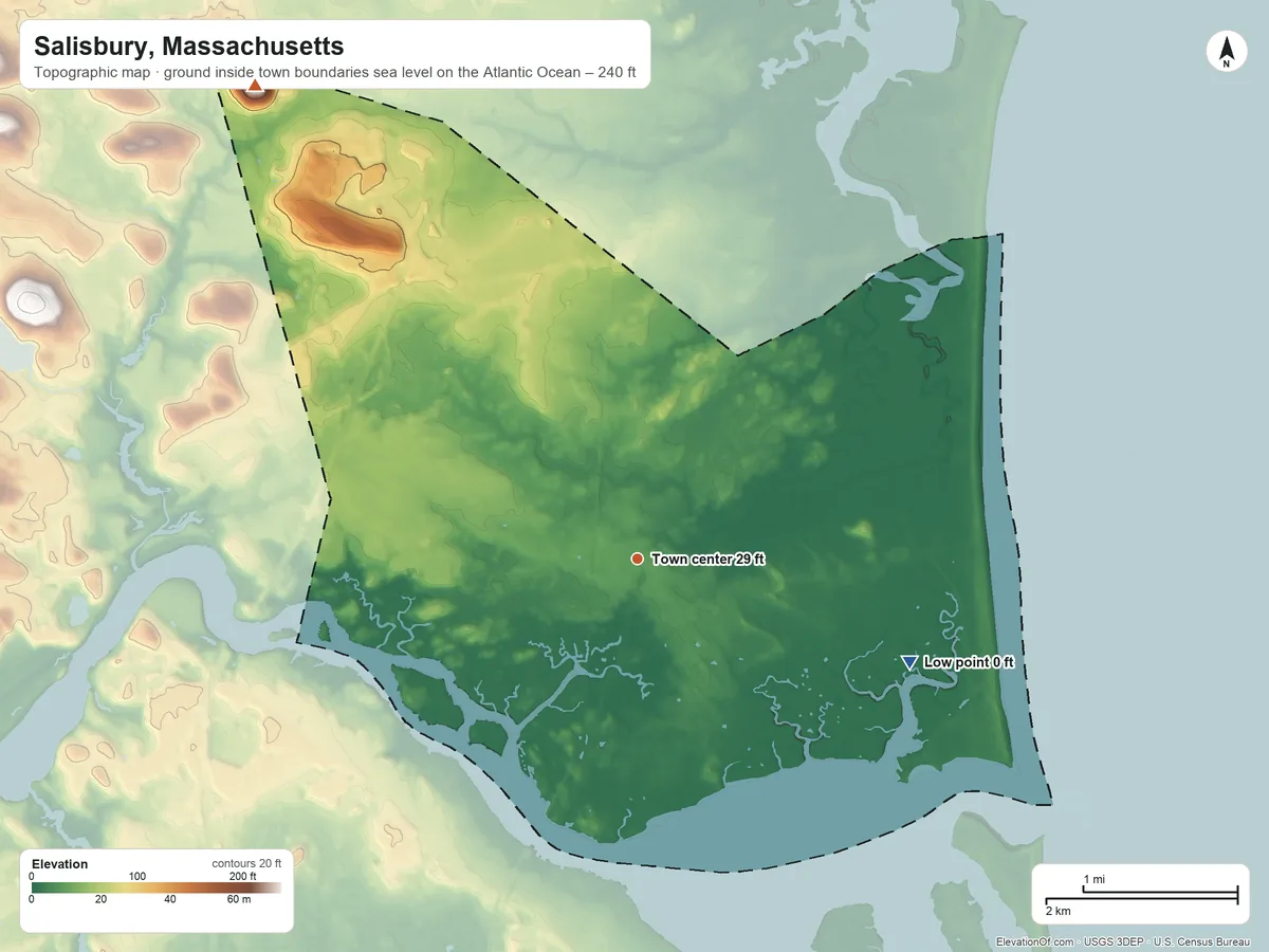 Topographic elevation map of Salisbury, Massachusetts, shaded from sea level level on the Atlantic Ocean to 240 ft on Grape Hill