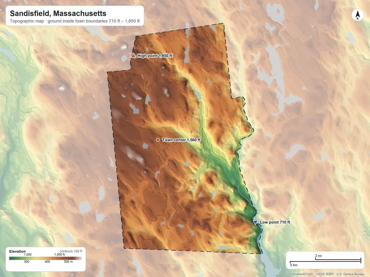 Topographic elevation map of Sandisfield, Massachusetts, shaded from 710 ft on the southeast side to 1,850 ft on Morley Hill