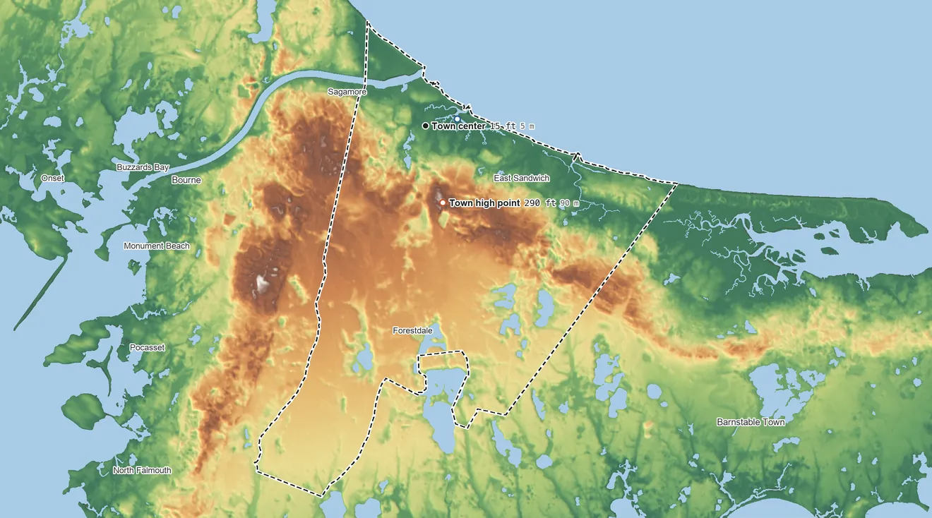 Topographic elevation map of Sandwich, Massachusetts, shaded from sea level level on Cape Cod Bay to 290 ft on Telegraph Hill