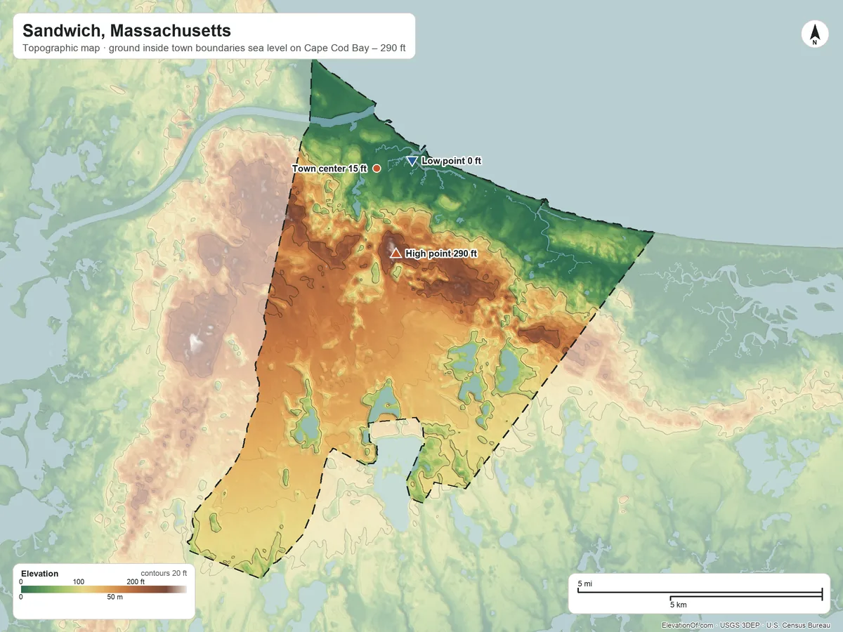 Topographic elevation map of Sandwich, Massachusetts, shaded from sea level level on Cape Cod Bay to 290 ft on Telegraph Hill