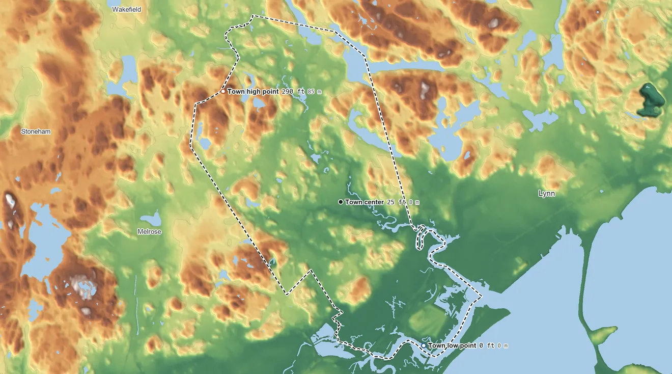 Topographic elevation map of Saugus, Massachusetts, shaded from sea level level on Broad Sound to 286 ft on Castle Hill