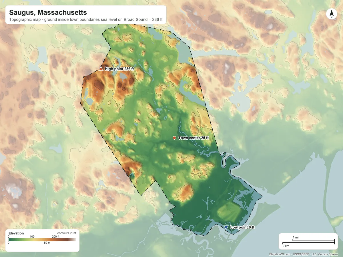 Topographic elevation map of Saugus, Massachusetts, shaded from sea level level on Broad Sound to 286 ft on Castle Hill