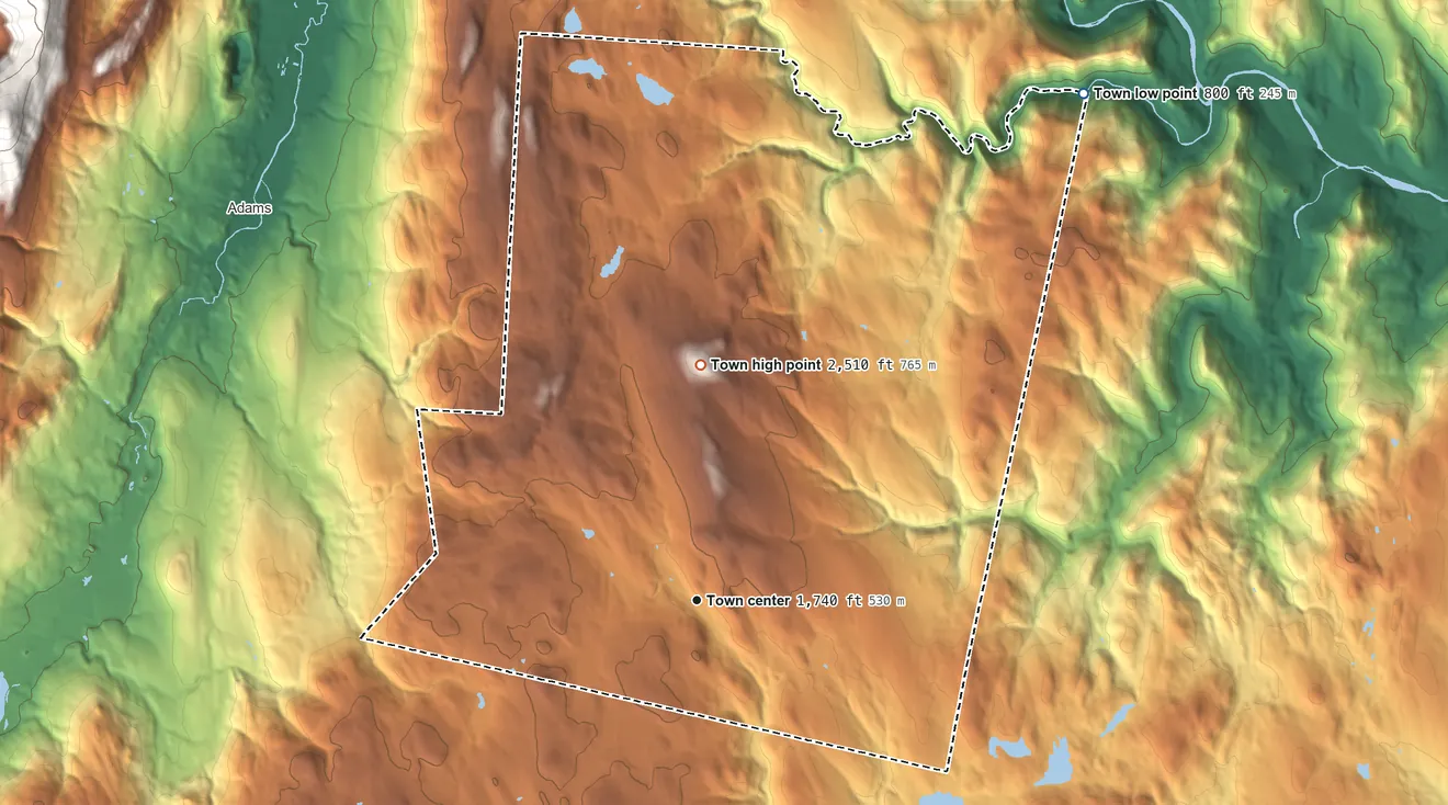 Topographic elevation map of Savoy, Massachusetts, shaded from 800 ft on the northeast side to 2,510 ft on Borden Mountain