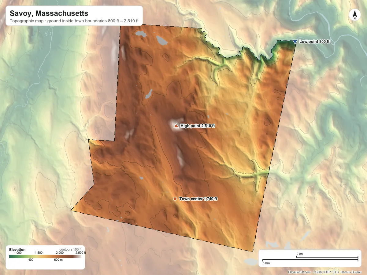 Topographic elevation map of Savoy, Massachusetts, shaded from 800 ft on the northeast side to 2,510 ft on Borden Mountain