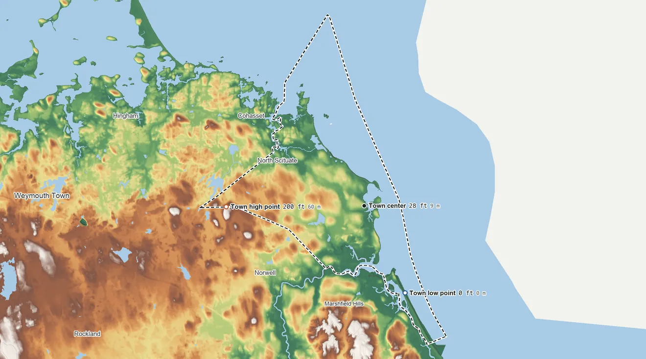 Topographic elevation map of Scituate, Massachusetts, shaded from sea level level on Massachusetts Bay to 200 ft on the west side