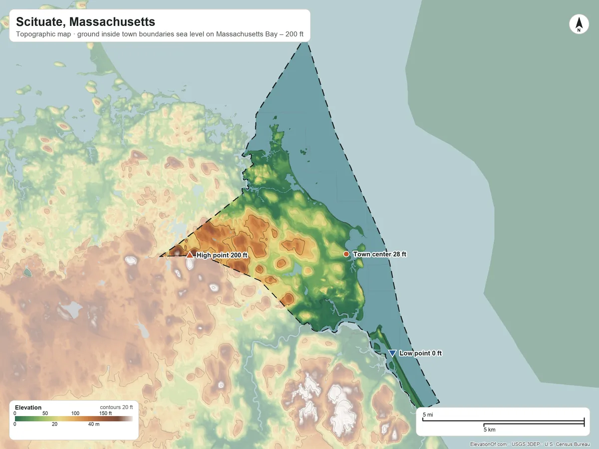 Topographic elevation map of Scituate, Massachusetts, shaded from sea level level on Massachusetts Bay to 200 ft on the west side