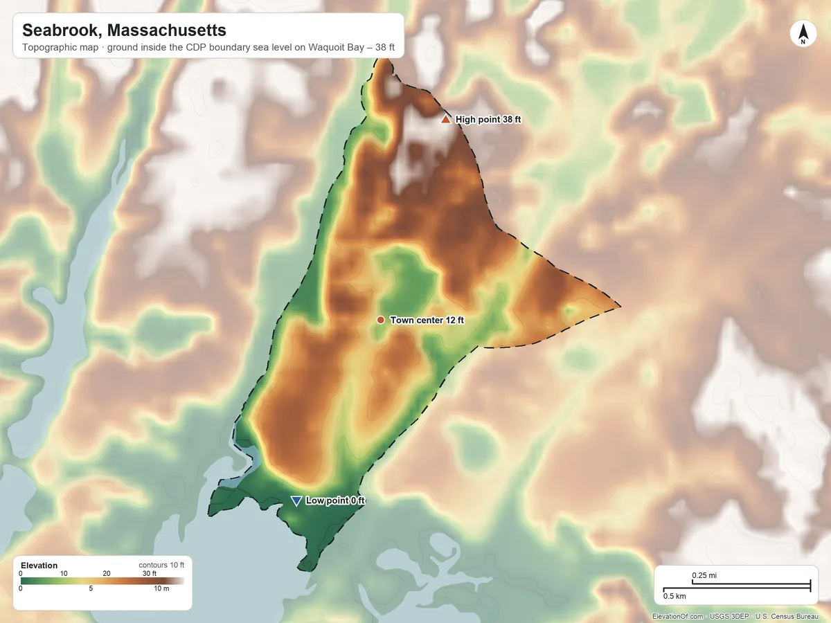 Topographic elevation map of Seabrook, Massachusetts, shaded from sea level level on Waquoit Bay to 38 ft on the north side
