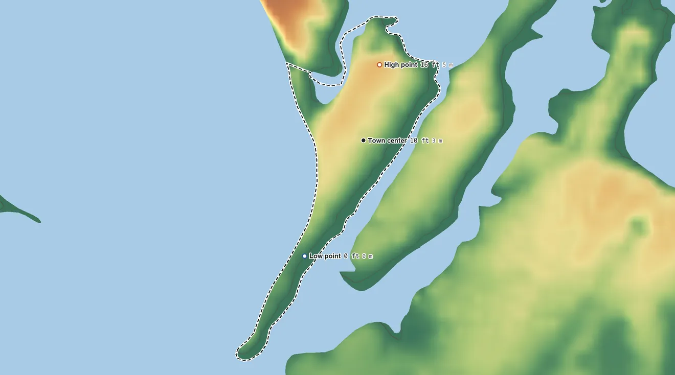 Topographic elevation map of Seconsett Island, Massachusetts, shaded from sea level level on the Little River to 16 ft on the north side