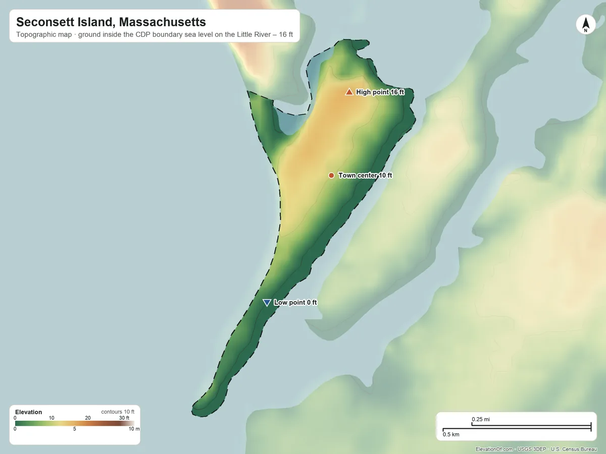 Topographic elevation map of Seconsett Island, Massachusetts, shaded from sea level level on the Little River to 16 ft on the north side