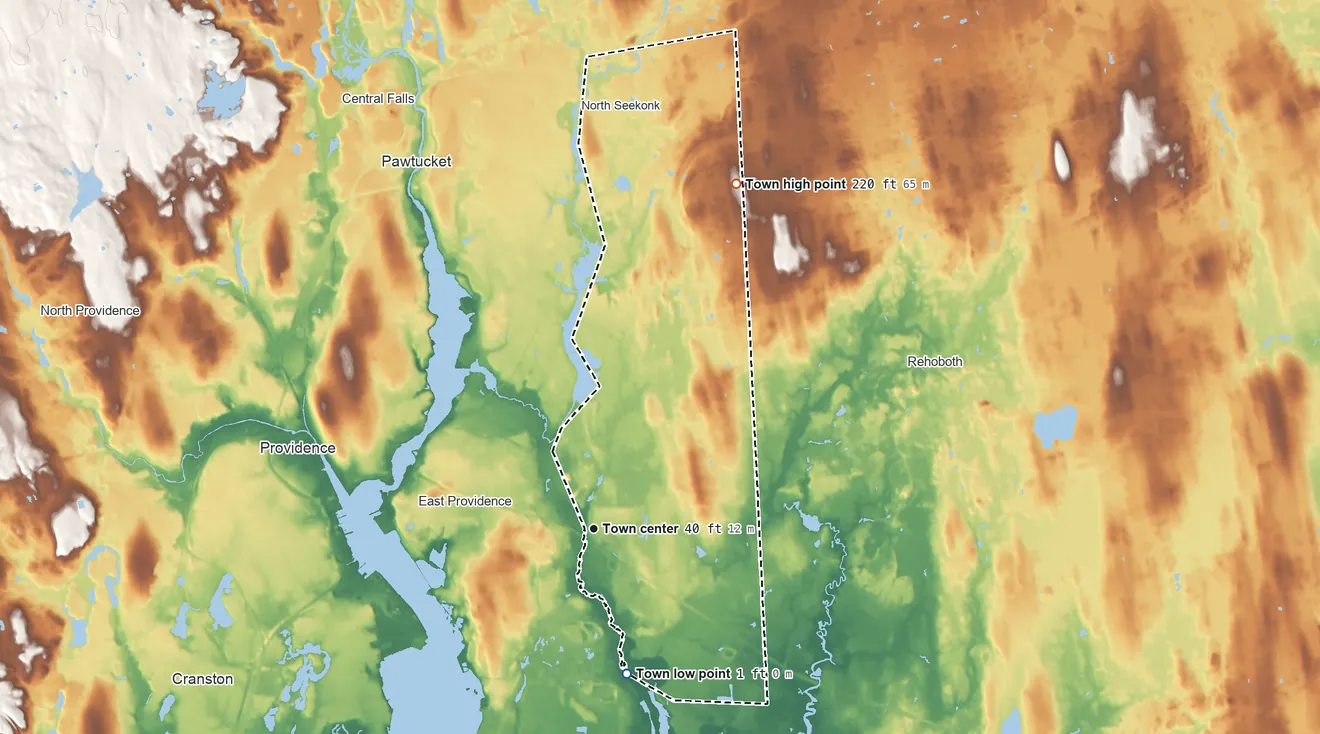 Topographic elevation map of Seekonk, Massachusetts, shaded from 1 ft on the south side to 220 ft on the north side