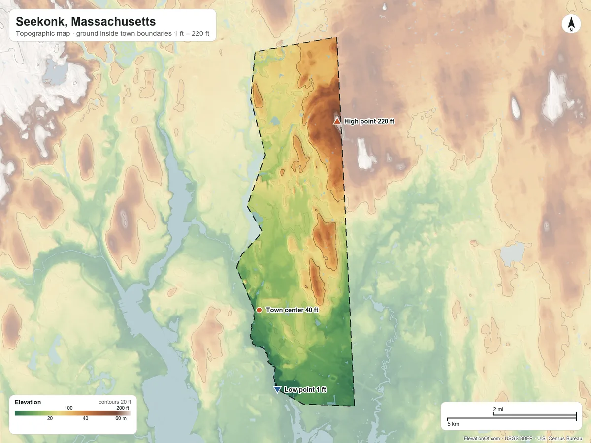 Topographic elevation map of Seekonk, Massachusetts, shaded from 1 ft on the south side to 220 ft on the north side