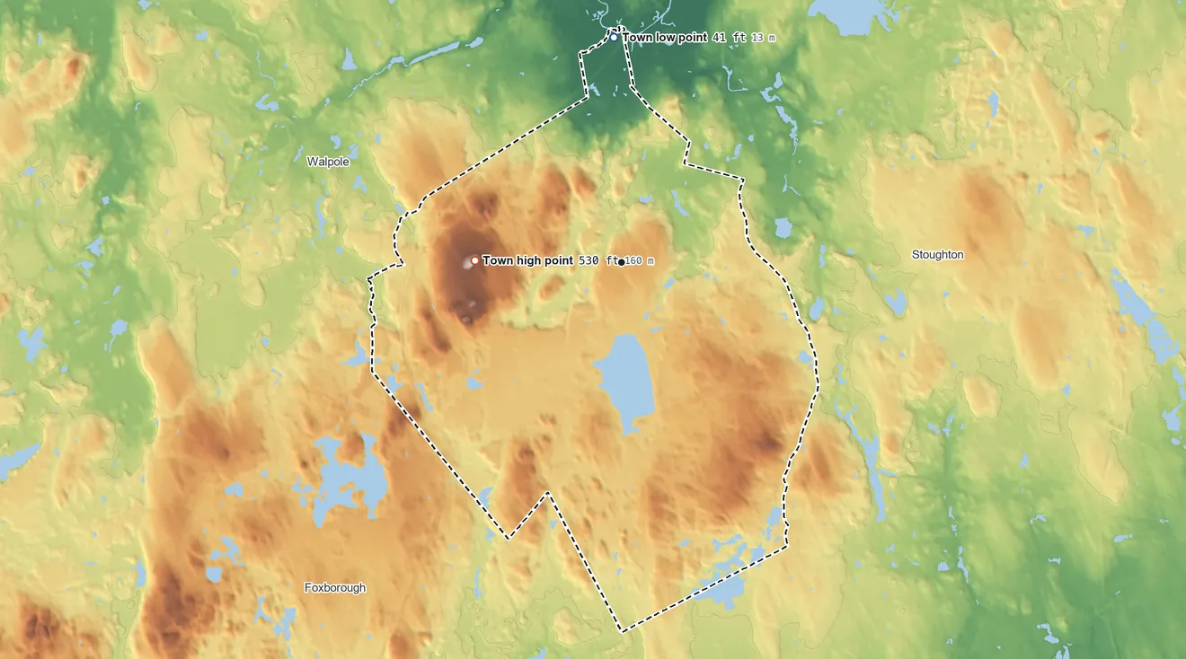 Topographic elevation map of Sharon, Massachusetts, shaded from 41 ft on the north side to 530 ft on the west side