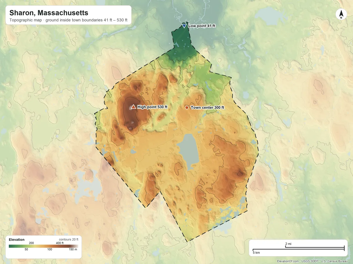 Topographic elevation map of Sharon, Massachusetts, shaded from 41 ft on the north side to 530 ft on the west side