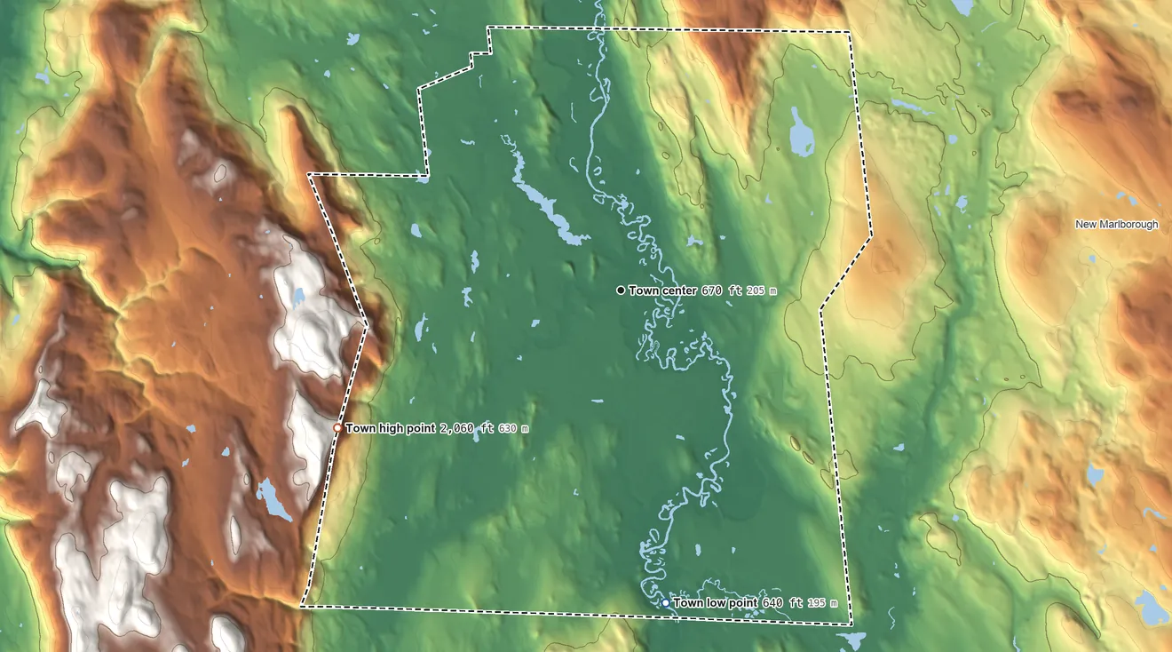 Topographic elevation map of Sheffield, Massachusetts, shaded from 640 ft on the south side to 2,060 ft at the foot of the Berkshire Hills