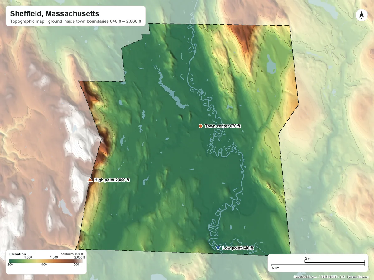 Topographic elevation map of Sheffield, Massachusetts, shaded from 640 ft on the south side to 2,060 ft at the foot of the Berkshire Hills