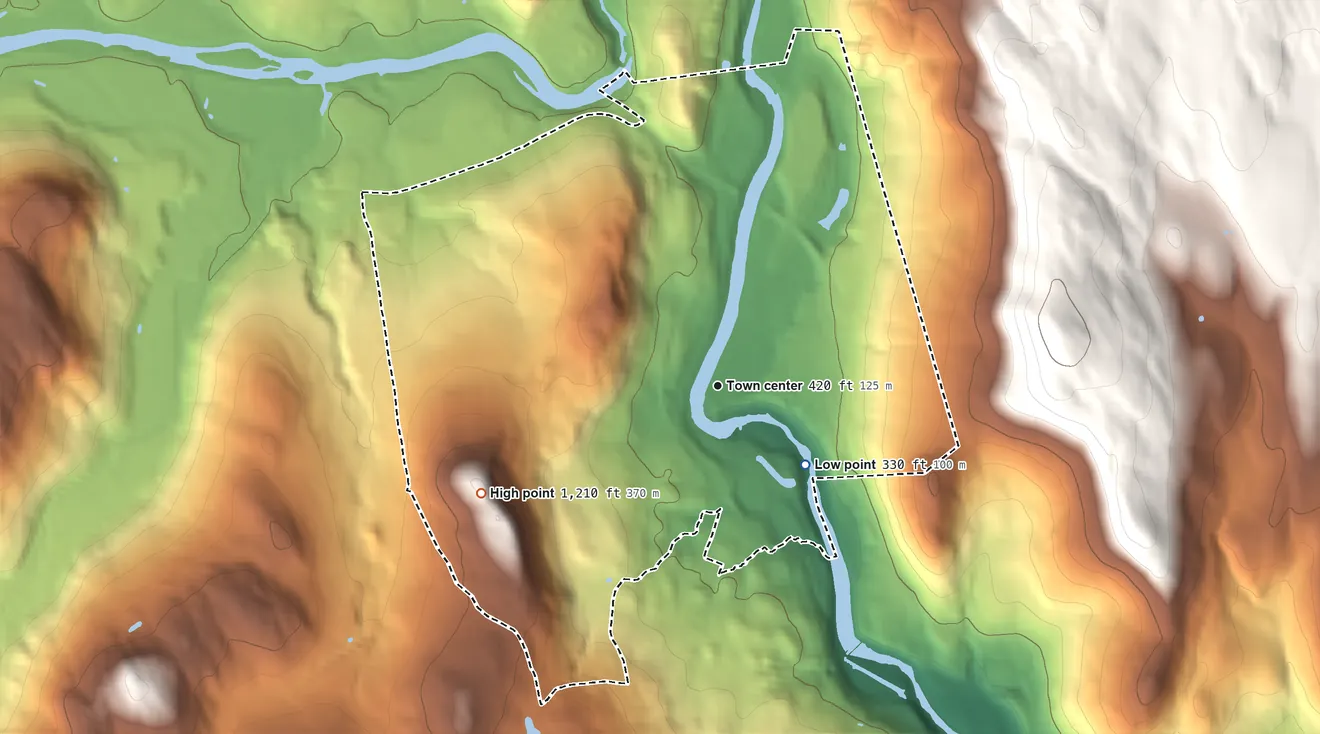 Topographic elevation map of Shelburne Falls, Massachusetts, shaded from 330 ft on the southeast side to 1,210 ft on Goodnow Hill