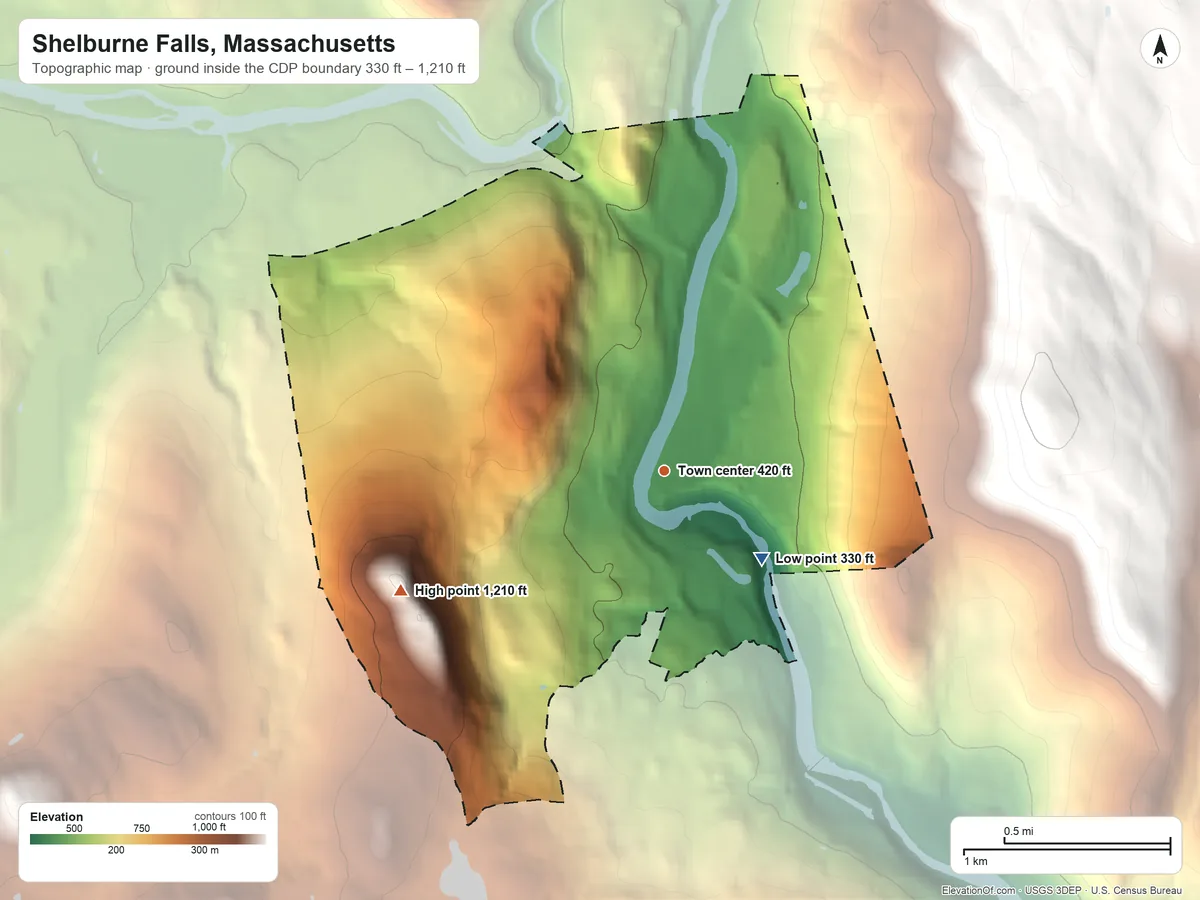 Topographic elevation map of Shelburne Falls, Massachusetts, shaded from 330 ft on the southeast side to 1,210 ft on Goodnow Hill