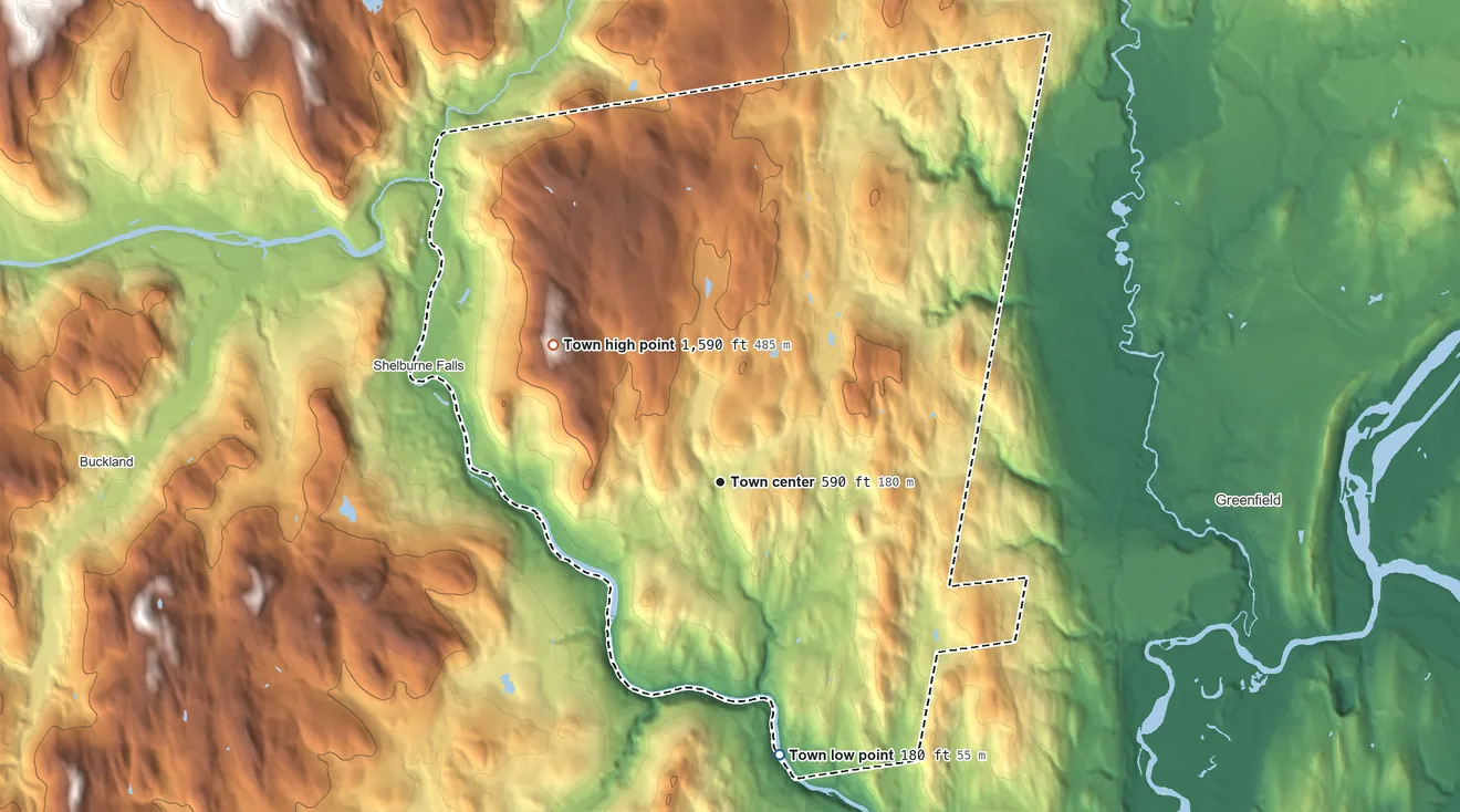 Topographic elevation map of Shelburne, Massachusetts, shaded from 180 ft on the south side to 1,590 ft on Massaemett Mountain