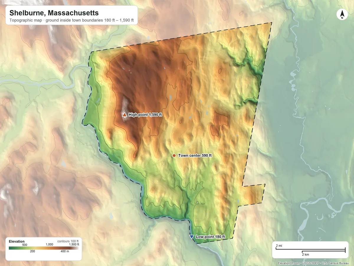 Topographic elevation map of Shelburne, Massachusetts, shaded from 180 ft on the south side to 1,590 ft on Massaemett Mountain