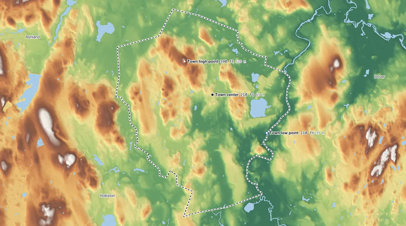 Topographic elevation map of Sherborn, Massachusetts, shaded from 110 ft on the southeast side to 390 ft on Brush Hill