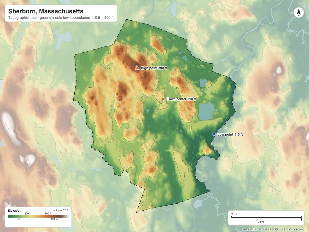 Topographic elevation map of Sherborn, Massachusetts, shaded from 110 ft on the southeast side to 390 ft on Brush Hill