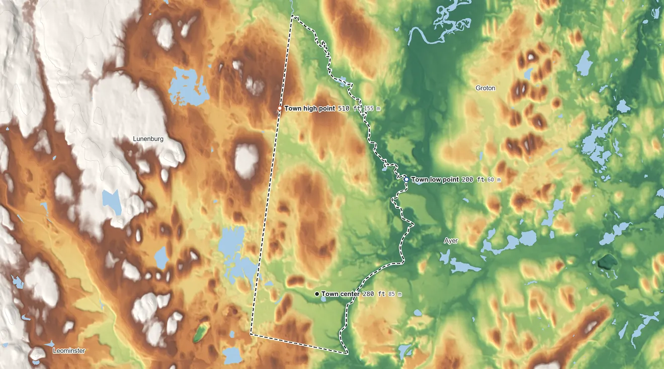 Topographic elevation map of Shirley, Massachusetts, shaded from 200 ft on the northeast side to 510 ft on the north edge, below higher ground just outside