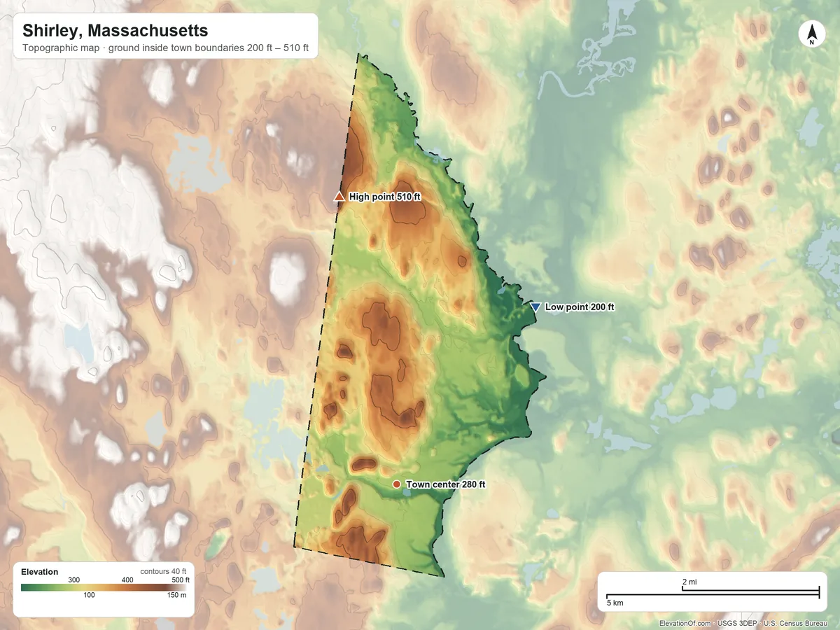 Topographic elevation map of Shirley, Massachusetts, shaded from 200 ft on the northeast side to 510 ft on the north edge, below higher ground just outside