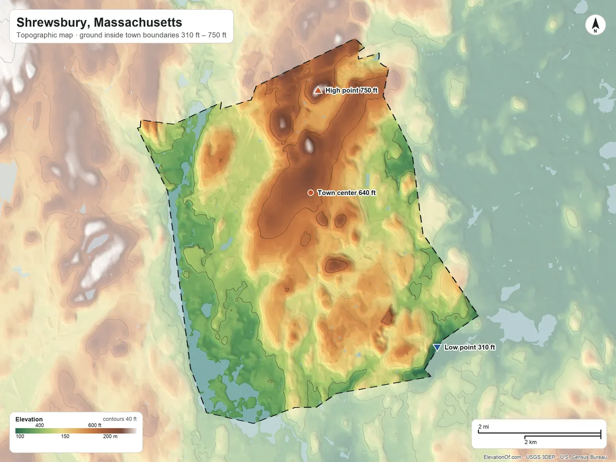Topographic elevation map of Shrewsbury, Massachusetts, shaded from 310 ft on the southeast side to 750 ft on Rawson Hill