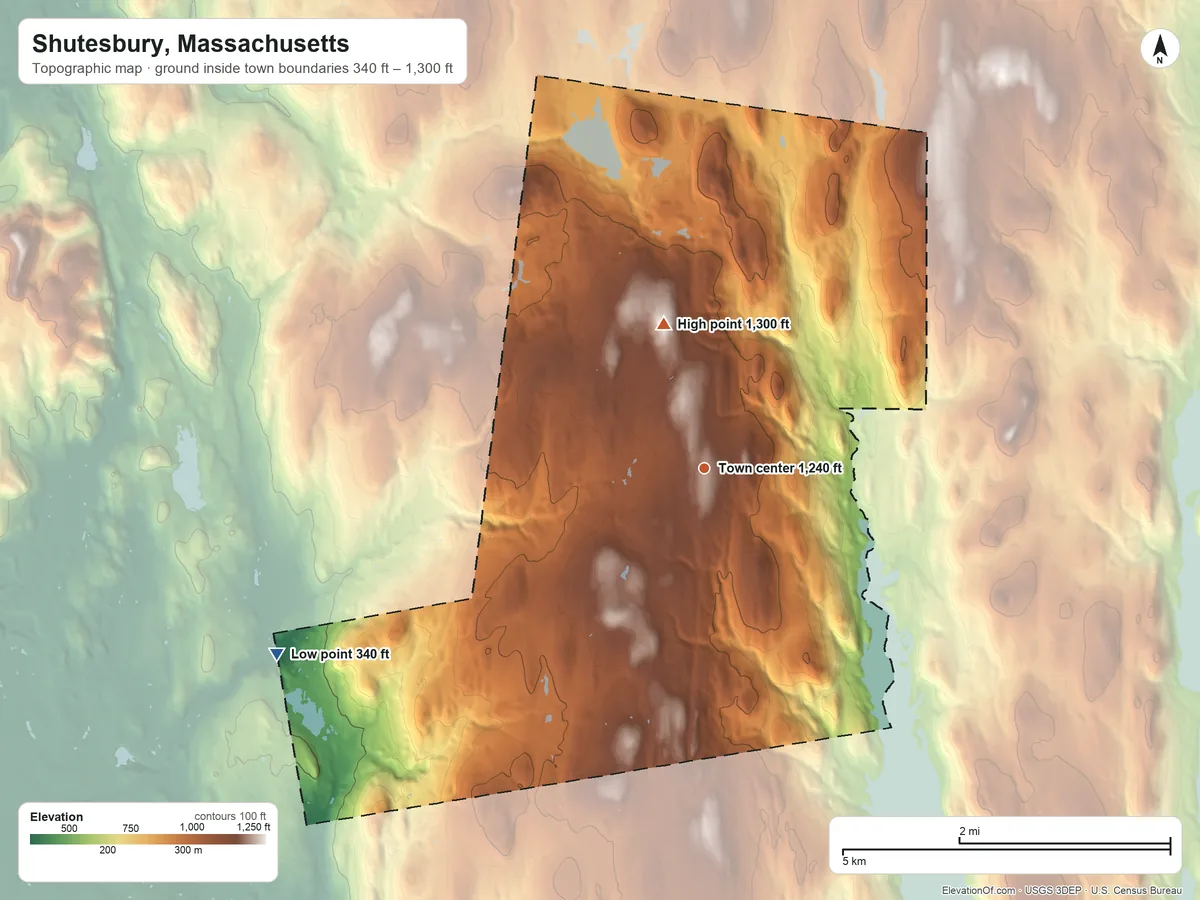 Topographic elevation map of Shutesbury, Massachusetts, shaded from 340 ft on the southwest side to 1,300 ft on the north side