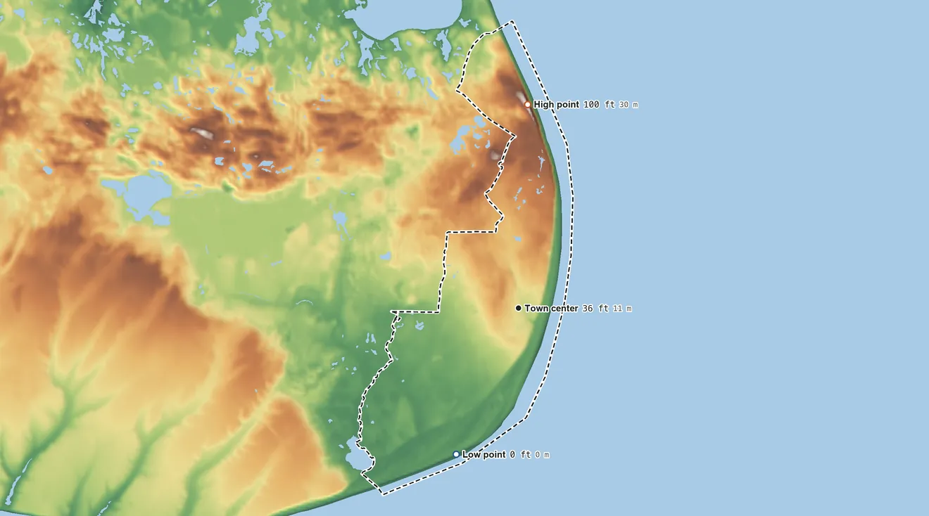 Topographic elevation map of Siasconset, Massachusetts, shaded from sea level level on the Atlantic Ocean to 100 ft on the north side