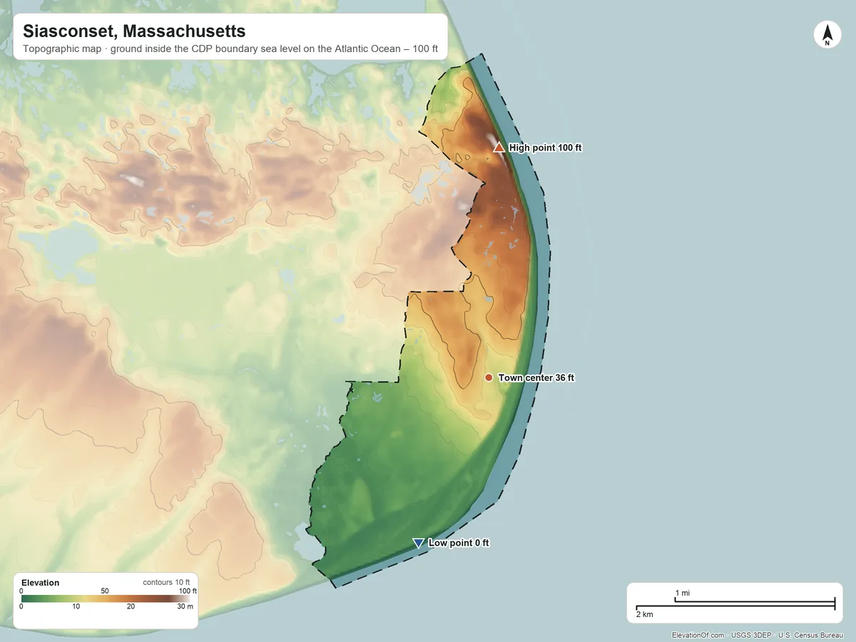 Topographic elevation map of Siasconset, Massachusetts, shaded from sea level level on the Atlantic Ocean to 100 ft on the north side