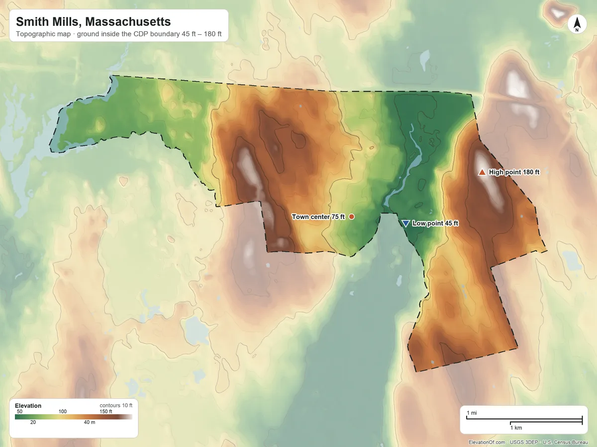 Topographic elevation map of Smith Mills, Massachusetts, shaded from 45 ft near the middle to 180 ft on the east side