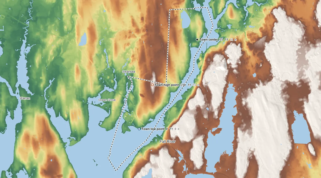 Topographic elevation map of Somerset, Massachusetts, shaded from sea level level on Mount Hope Bay to 190 ft on the southwest side