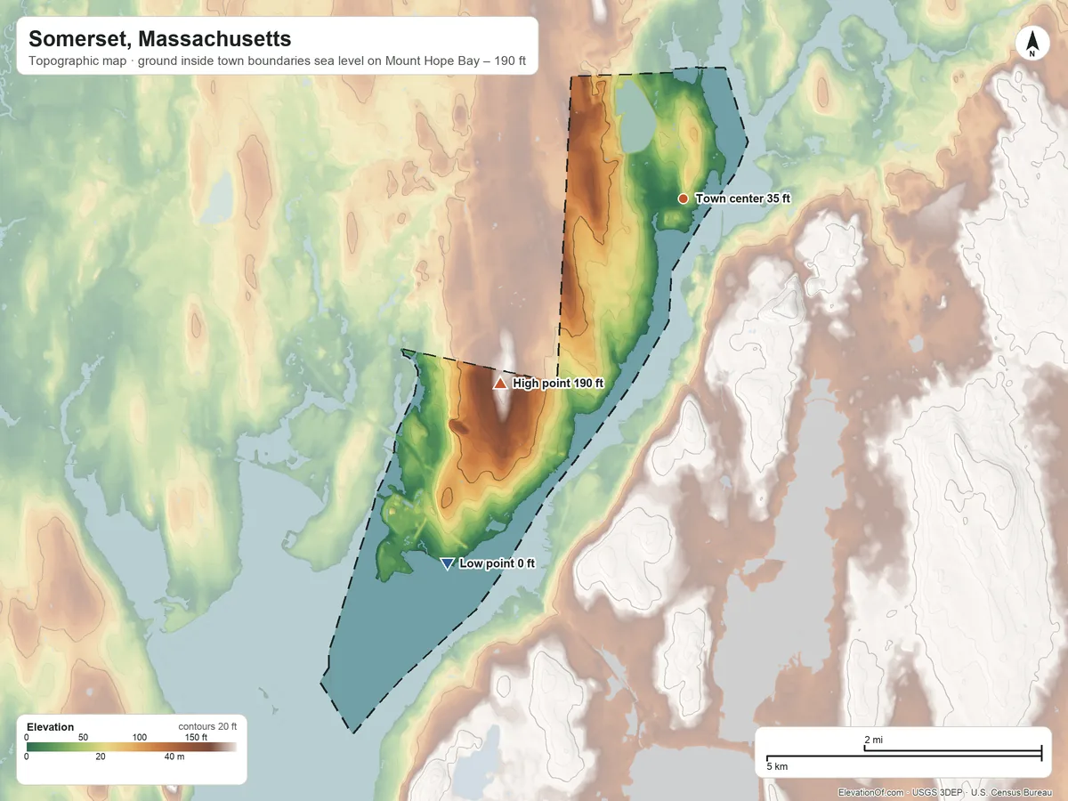 Topographic elevation map of Somerset, Massachusetts, shaded from sea level level on Mount Hope Bay to 190 ft on the southwest side