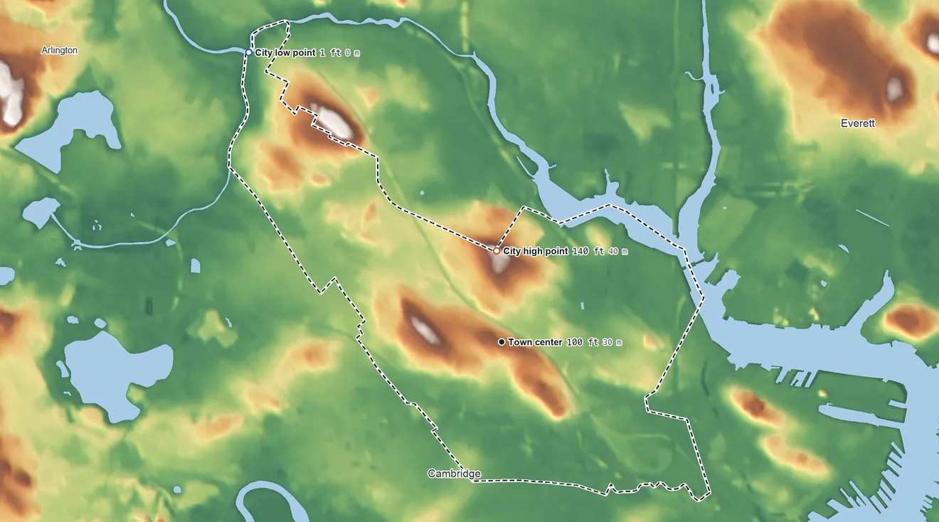 Topographic elevation map of Somerville, Massachusetts, shaded from 1 ft on the northwest side to 140 ft on Winter Hill