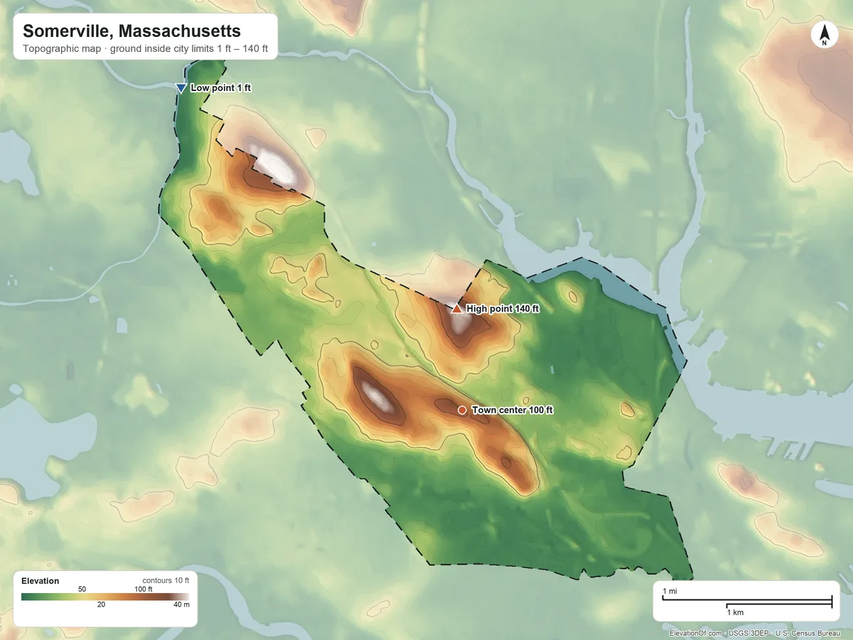 Topographic elevation map of Somerville, Massachusetts, shaded from 1 ft on the northwest side to 140 ft on Winter Hill